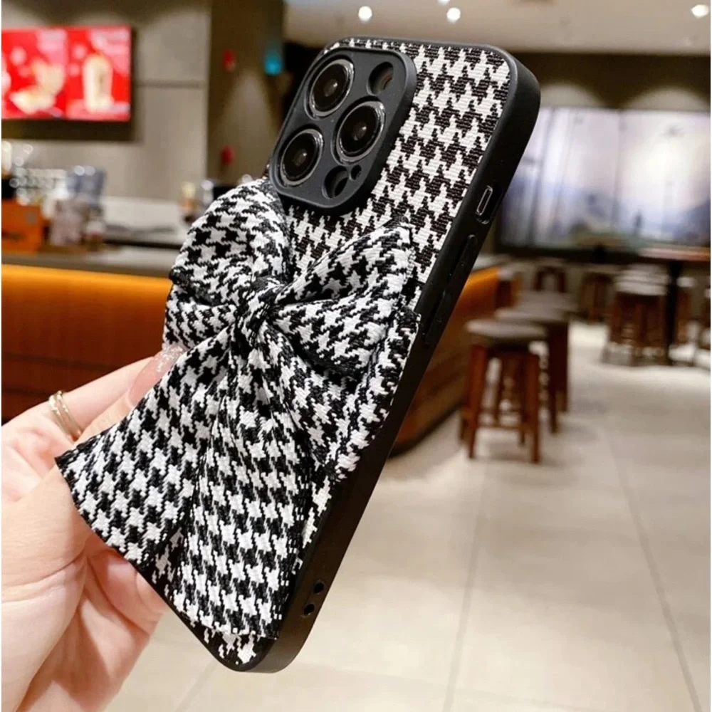 Houndstooth bow iPhone 17 Pro Max phone case black white check fabric plaid NEW